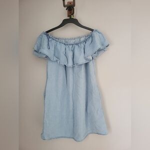 Zara Chambrey Dress Sizs XS Off Shoulder Ruffle